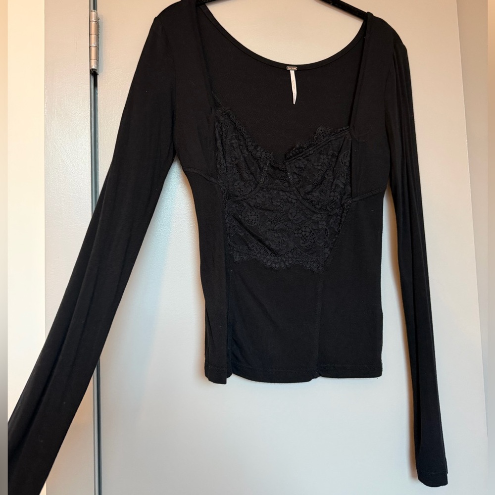 Free People Black Lace Detail Women's Long Sleeve Top